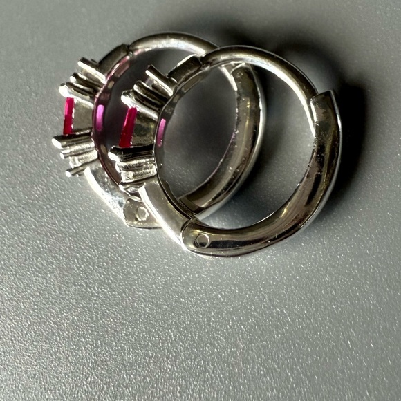 Sterling Silver Ruby Baguette Huggie Hoop Earrings 11mm - Picture 9 of 11